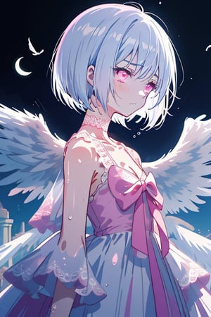 Fitoria, anime, white hair. Short hair. Bob haircut. White feathered wings. long lace dress. White dress. Pink lace. sleeveless. small cleavage. Pink lace choker. Pink eyes. sad. ruins. Moonlight. Wet body. Look front
