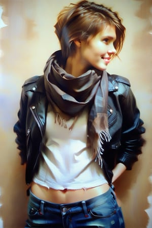 DominoK,short hair,light brown hair,tshirt,navel,black leather jacket,low torn jeans,scarf, half smile, close up