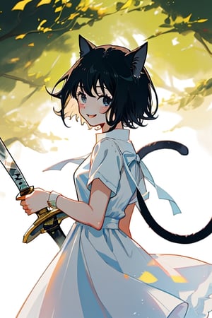 Anime,Fran, teenage girl, short white dress, black hair, short hair, bangs, cat ears, cat tail, happy, bis sword in hand, woods