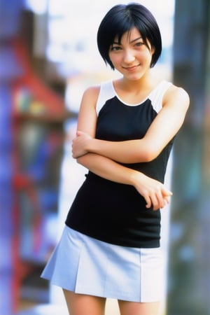 woman, half smile, short hair, 90s,japanese, sleeveless, short tshirt. black hair, miniskirt, belly, pointing at viewer