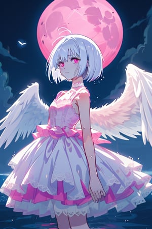 Fitoria, anime, white hair. Short hair. Bob haircut. White feathered wings. long lace dress. White dress. Pink lace. sleeveless. small cleavage. Pink lace choker. Pink eyes. sad. ruins. Moonlight. Wet body. Look front
