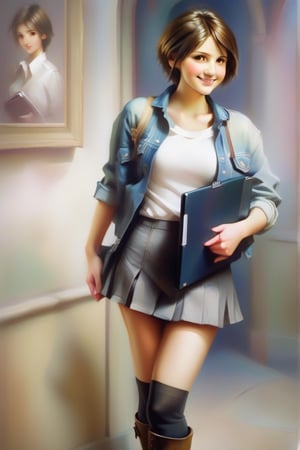 1 girl standing, university corridor, looking back, short brown hair,white shirt,denim jacket,miniskirt,low military boots,stockings to the knee,folder in hand, blushing, smile