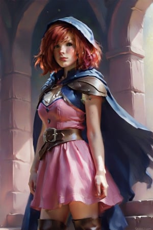 Sheila,Red hair,Freckles,pink dress,sash,high leather boots,dark blue cape,Hood, short hair