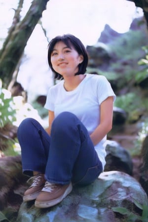 Ryoko Hirosue,short black hair,japanese girl, shorts jeans,tshirt, half smile, sit on a rock, forest