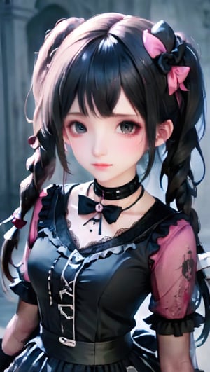 beautiful young girl, dressed in a Lolita fashion ensemble,
goth skull accessories,black choker,twin pigtails hair,pink Lace Shirt,large Breast,
 seamlessly blending the cute and feminine elements of Lolita with a more boyish charm,Emphasize the fusion of frills, bows, and a playful aesthetic with a tomboyish twist in her attire,goth person,GothEmoGirl,enakorin, hdgxl,anime