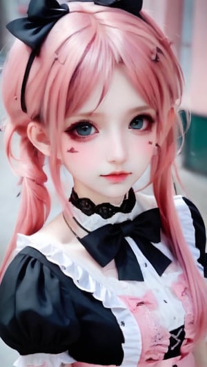 beautiful young girl, dressed in a Lolita fashion ensemble,
goth skull accessories,black choker,twin pigtails hair,pink Lace Shirt,large Breast,
 seamlessly blending the cute and feminine elements of Lolita with a more boyish charm,Emphasize the fusion of frills, bows, and a playful aesthetic with a tomboyish twist in her attire,goth person,GothEmoGirl,enakorin, hdgxl