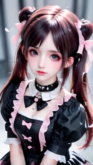 beautiful young girl, dressed in a Lolita fashion ensemble,
goth skull accessories,black choker,twin pigtails hair,pink Lace Shirt,large Breast,
 seamlessly blending the cute and feminine elements of Lolita with a more boyish charm,Emphasize the fusion of frills, bows, and a playful aesthetic with a tomboyish twist in her attire,goth person,GothEmoGirl,enakorin, hdgxl