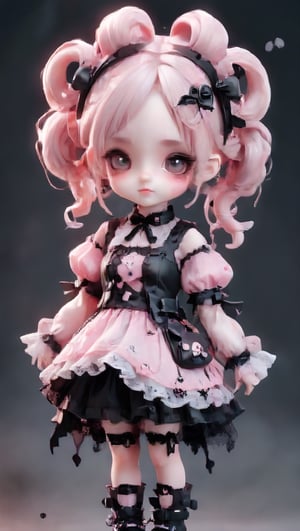 beautiful young girl, dressed in a Lolita fashion ensemble,
goth skull accessories,black choker,twin pigtails hair,pink Lace Shirt,large Breast,
 seamlessly blending the cute and feminine elements of Lolita with a more boyish charm,Emphasize the fusion of frills, bows, and a playful aesthetic with a tomboyish twist in her attire,goth person,GothEmoGirl,enakorin, hdgxl,chibi
