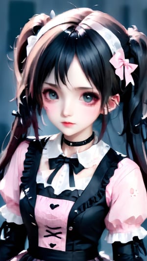 beautiful young girl, dressed in a Lolita fashion ensemble,
goth skull accessories,black choker,twin pigtails hair,pink Lace Shirt,large Breast,
 seamlessly blending the cute and feminine elements of Lolita with a more boyish charm,Emphasize the fusion of frills, bows, and a playful aesthetic with a tomboyish twist in her attire,goth person,GothEmoGirl,enakorin, hdgxl,anime