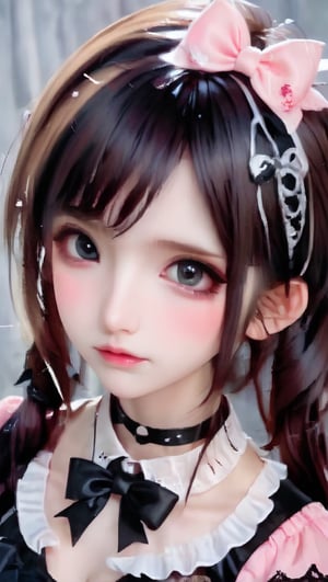 beautiful young girl, dressed in a Lolita fashion ensemble,
goth skull accessories,black choker,twin pigtails hair,pink Lace Shirt,large Breast,
 seamlessly blending the cute and feminine elements of Lolita with a more boyish charm,Emphasize the fusion of frills, bows, and a playful aesthetic with a tomboyish twist in her attire,goth person,GothEmoGirl,enakorin, hdgxl