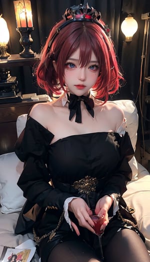 a woman with pink hair sitting on a bed, maiden anime girl, yellow hair,dreamy  girl, ((a beautiful fantasy empress)), anime girl wearing a black dress, she is the queen of black roses,princess portrait, gothic maiden, princess of darkness, beautiful vampire female queen, lady dimitrescu,  maiden of the dark, beautiful vampire queen,realhands,sanatw,1girl, ,realistic,distinct,wear super shiny black pantyhose,High exposure,ZGirl,SharpEyess,portrait,lala
