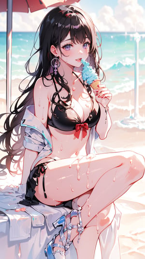 (1 girl), purple eyes, With an earring in the right ear, black long hair, full Body, (charming smile), ((eating soft serve ice cream with tongue)), ((sexy design bikini)), ultra high resolution, 8k, Hdr, daytime, in the beach, (sweat all over the face)