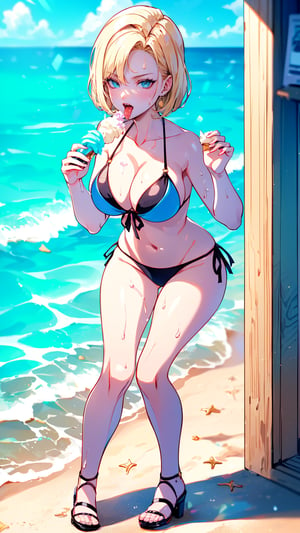 ((1 girl)), (blue eyes), (golden short hair), full Body, (eating soft serve ice cream with tongue)), ((sexy design bikini)), ultra high resolution, 8k, Hdr, daytime, in the beach, (sweat all over the face)