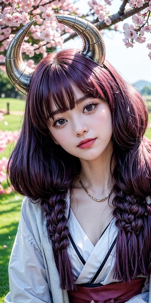 only 1 girl, purple hair, fringe over forehead, devil's horns are on the head, wearing a beautiful black kimono with delicate flower patterns, half tilting her head, holding her cheek with one hand and facing the camera, smile, look at the camera, cherry blossom trees in the background, bright light, 8K quality,bbyorf, aura the guillotine,masterpiece
