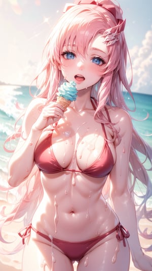 (1 girl), (blue eyes), (pink long hair), (happy smile), ((eating soft serve ice cream with tongue)), ((sexy design bikini)), ultra high resolution, 8k, Hdr, daytime, in the beach, (sweat all over the face)