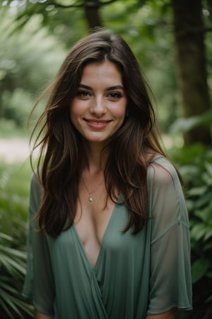 A close-up of a beautiful, STUNNING brunette woman with cascading dark highlights, pastel in a lush forest glade, her green eyes sparkling with joy at the beach wearing white bodysuit 