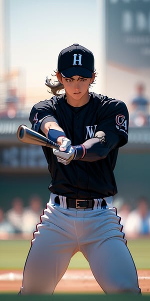 A realistic scene of a baseball player hitting the ball. The batter is mid-swing, with the bat connecting with the ball. The pitcher's mound is visible in the background, with the pitcher watching the hit. The infield is well-groomed, with the bases clearly visible. The stadium is filled with cheering fans, under bright stadium lights. The sky is clear with a hint of sunset.