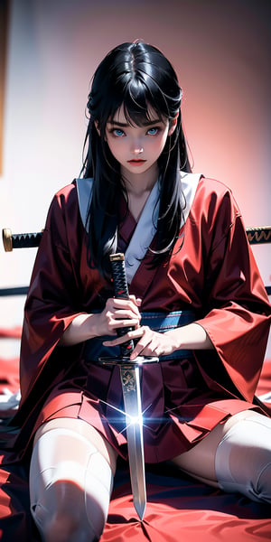 a young girl with long straight hair and bangs, wearing a Japanese school uniform, sitting on the ground while holding a samurai sword, with a serious and melancholic expression, deep blue eyes, surrounded by a calm yet powerful atmosphere, detailed clothing with red accents, realistic style, high resolution, dramatic lighting, intricate sword design with red ribbon"