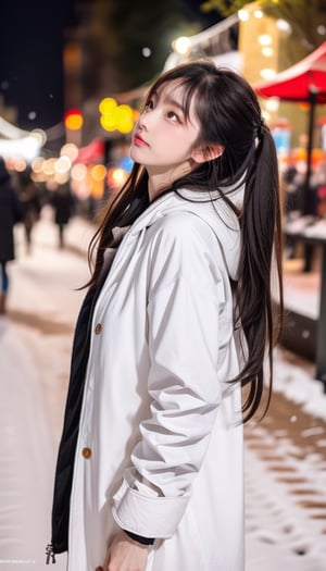 cute girl, long hair, fashion winter coat, big coat, Wear a coat over a hoodie, standing looking up snow is falling, winter night city, snowing, 4K, ultra HD, RAW photo, realistic, masterpiece, best quality, beautiful skin, white skin, 50mm, medium shot, outdoor, half body, photography, Portrait, ,chinatsumura, high fashion, snowflakes, dynamic light, warm lights, christmas lights, festival atmosphere