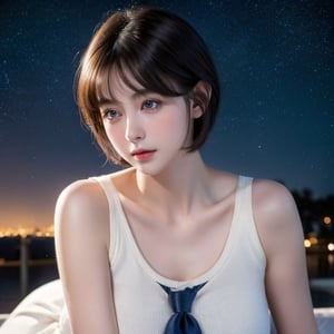 masterpiece, best quality, 1 girl, solo, ((an extremely delicate and beautiful)),school uniform, italian girl ,age 18, milky white skin,beautiful detailed eyes, short  hair,at night , beautiful starry sky, 