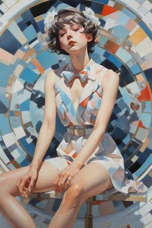 art by Makoto Shinkai, art by J C Leyendecker, norman rockwell, ilya kuvshinov, flat colors, gouache painting, 1girl, all  body shot , hypermaximalist, juxtapositions extraordinaire,(partially made out of geometric shape figures:1.4), inkblots, made of crystals, flat colors, flat style