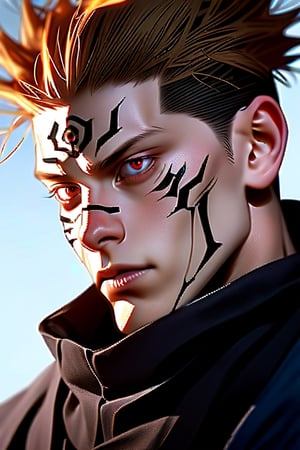 semi realistic anime, realistic, ryoumen sukuna \(jujutsu kaisen\), jujutsu kaisen, solo, looking at viewer, short hair, red eyes, 1boy, closed mouth, male focus, japanese clothes, kimono, scarf, tattoo, spiked hair, portrait, realistic, undercut, facial tattoo, extra eyes, ryoumen sukuna (jujutsu kaisen)