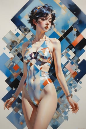 art by Makoto Shinkai, art by J C Leyendecker, norman rockwell, ilya kuvshinov, flat colors, gouache painting, 1girl, all  body shot , hypermaximalist, juxtapositions extraordinaire,(partially made out of geometric shape figures:1.4), inkblots, made of crystals, flat colors, flat style