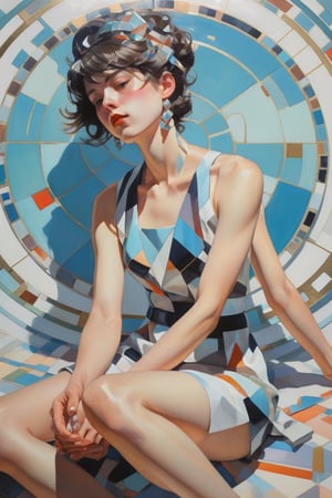 art by Makoto Shinkai, art by J C Leyendecker, norman rockwell, ilya kuvshinov, flat colors, gouache painting, 1girl, all  body shot , hypermaximalist, juxtapositions extraordinaire,(partially made out of geometric shape figures:1.4), inkblots, made of crystals, flat colors, flat style