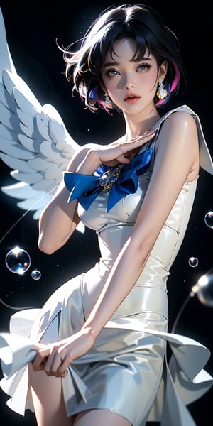 A stunning photo hyper realistic illustration of pretty Sailor Mercury from Sailor Moon anime as angel,
Shoot inside a studio filled with soap bubbles ,
adding a magical touch to the scene with the multicolored light reflected by the bubbles ,
hyper-realistic anime , visually striking , hiny/glossy , unique, surreal, minimalism ,
half-body portrait ,
volumetric light and shadow,
unconventional high-resolution,
high-quality, 8K resolution
textured ,
masterpiece ,