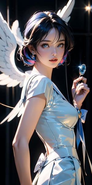 A stunning photo hyper realistic illustration of pretty Sailor Mercury from Sailor Moon anime as angel,
Shoot inside a studio filled with soap bubbles ,
adding a magical touch to the scene with the multicolored light reflected by the bubbles ,
hyper-realistic anime , visually striking , hiny/glossy , unique, surreal, minimalism ,
half-body portrait ,
volumetric light and shadow,
unconventional high-resolution,
high-quality, 8K resolution
textured ,
masterpiece ,