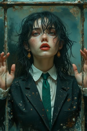 A young woman with a hauntingly beautiful expression stands against a misty glass window, her hands pressing against it as if yearning for freedom. She has long, slightly messy black hair that appears wet, cascading over her shoulders, and freckles dot her pale, expressive face. Her lips are full and slightly parted, giving her a melancholic and mysterious look. She wears a disheveled, vintage black suit with a white collared shirt underneath, adorned with a slightly wrinkled green tie. The tie and shirt show subtle gold accents, matching the golden, intricate lizard-shaped earrings that dangle from her ears. The lighting is moody and dim, creating an ethereal, cinematic atmosphere. Tiny water droplets or dirt flecks on the window and her attire add to the gritty, enigmatic feel of the scene. The color palette is dark and subdued, with cool greens, grays, and browns . Images must be of the highest quality with cinematic lighting and 16K resolution. Great attention to symmetry will be used to make the characters mysterious and alluring. Artwork must be a masterpiece that displays total perfection and amazing attention to detail, including macro details, voluminous light, realistic reflections on surfaces, and ultra-detailed textures. Utilize cinematic effects to enhance the overall visual impact. For best quality, images should be UHD and in sharp focus.
