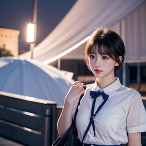 masterpiece, best quality, 1 girl, solo, ((an extremely delicate and beautiful)),school uniform, italian girl ,age 18, milky white skin,beautiful detailed eyes, short  hair,at night , beautiful starry sky, 