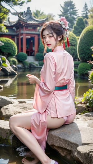 "Surreal scene from behind: In a Chinese garden on the Moon, there is a rockery and a small pond. An East Asian girl with fair skin is sitting on the chair of a telescope aimed at the Earth hanging high in the sky. She is wearing a low-cut pink Hanfu. The details are intricate, ultra-high resolution, extremely detailed, HDR."