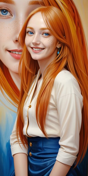 1girl,orange long straight hair,freckles,blue eyes,big smile,oil painting,detailed,masterpiece
