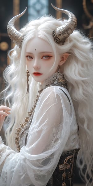 1 girl, Whole_body, (masterful), albino demon girl ,(white dreadlocks,mesh fishnet blouse, (long intricate horns:1.2),best quality, highest quality, extremely detailed CG unity 8k wallpaper, detailed and intricate, 
,steampunk style,Glass Elements, looking_at_viewer,chinese girls,goth person