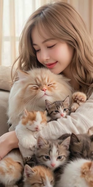 "Create a hyperrealistic image of a woman smiling and holding an extremely large Maine Coon cat surrounded by many small kittens. The Maine Coon has a majestic, fluffy coat and a calm, regal expression. The kittens are adorable, each with different fur patterns, mostly brown and white, and a few with orange tones. The woman has long brown hair and wears a white top, expressing joy and affection towards the cats. The background is softly lit by natural sunlight filtering through light curtains, giving a warm, cozy atmosphere."
