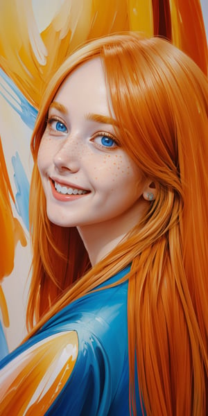 1girl,orange long straight hair,freckles,blue eyes,big smile,oil painting,detailed,masterpiece
