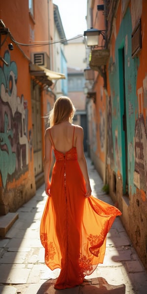 "Depict a woman with flowing, elegant style walking confidently down a narrow, vibrant alley. She is wearing a long, flowing orange dress with intricate patterns, which billows dramatically as she walks, catching the light. Her back is exposed with delicate straps, and her hair is loose, adding to her carefree, graceful presence. The perspective is low-angle, emphasizing the towering figure and elongated legs.  The alley walls are painted with worn, colorful murals and graffiti in shades of blue, teal, and orange, giving the scene a rustic and lively feel. The lighting is soft and warm, highlighting her dress and creating gentle contrasts. Capture the charm and energy of the urban setting, blending modern fashion with a nostalgic, artistic ambiance."