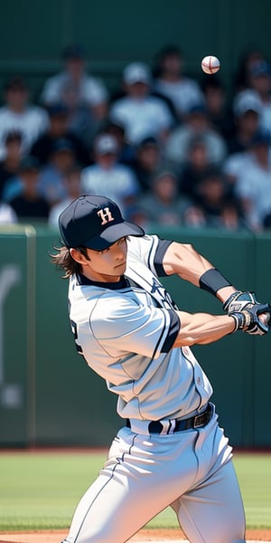 A realistic scene of a baseball player hitting the ball. The batter is mid-swing, with the bat connecting with the ball. The pitcher's mound is visible in the background, with the pitcher watching the hit. The infield is well-groomed, with the bases clearly visible. The stadium is filled with cheering fans, under bright stadium lights. The sky is clear with a hint of sunset.