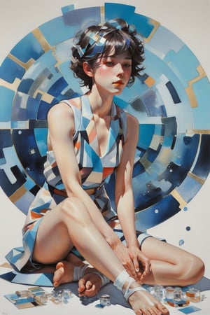 art by Makoto Shinkai, art by J C Leyendecker, norman rockwell, ilya kuvshinov, flat colors, gouache painting, 1girl, all  body shot , hypermaximalist, juxtapositions extraordinaire,(partially made out of geometric shape figures:1.4), inkblots, made of crystals, flat colors, flat style