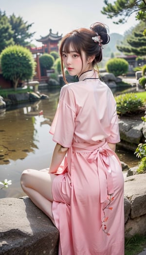 "Surreal scene from behind: In a Chinese garden on the Moon, there is a rockery and a small pond. An East Asian girl with fair skin is sitting on the chair of a telescope aimed at the Earth hanging high in the sky. She is wearing a low-cut pink Hanfu. The details are intricate, ultra-high resolution, extremely detailed, HDR."