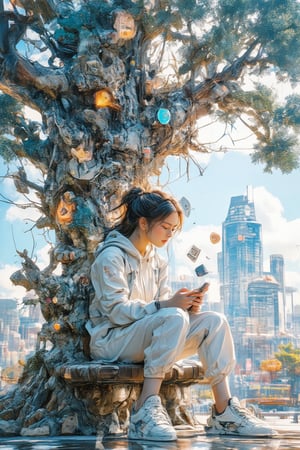 "An intricately detailed digital illustration of a young woman sitting on a park bench, engrossed in her smartphone. She wears a light, casual hoodie and matching pants with comfortable sneakers, creating a relaxed, minimalist look. Her hair is tied back in a ponytail. A large tree with dense,
Images must be of the highest quality with cinematic lighting and 16K resolution. Great attention to symmetry will be used to make the characters mysterious and alluring. Artwork must be a masterpiece that displays total perfection and amazing attention to detail, including macro details, voluminous light, realistic reflections on surfaces, and ultra-detailed textures. Utilize cinematic effects to enhance the overall visual impact. For best quality, images should be UHD and in sharp focus.
 branching roots and leaves is growing behind her, symbolizing the digital world. The branches and leaves are interwoven with floating icons and symbols representing various social media and app logos, blending nature and technology. The color scheme uses soft whites, blues, and grays for a calm, dreamy effect, with a high level of contrast between the sharp details of the woman and the surreal, blended background. The overall composition conveys a sense of solitude, reflection, and the overwhelming presence of the digital world in everyday life."