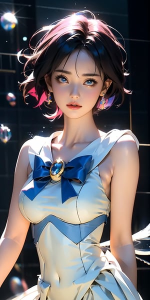 A stunning photo hyper realistic illustration of pretty Sailor Mercury from Sailor Moon anime as angel,
Shoot inside a studio filled with soap bubbles ,
adding a magical touch to the scene with the multicolored light reflected by the bubbles ,
hyper-realistic anime , visually striking , hiny/glossy , unique, surreal, minimalism ,
half-body portrait ,
volumetric light and shadow,
unconventional high-resolution,
high-quality, 8K resolution
textured ,
masterpiece ,