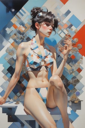 art by Makoto Shinkai, art by J C Leyendecker, norman rockwell, ilya kuvshinov, flat colors, gouache painting, 1girl, all  body shot , hypermaximalist, juxtapositions extraordinaire,(partially made out of geometric shape figures:1.4), inkblots, made of crystals, flat colors, flat style