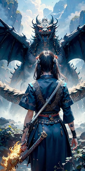 A young woman in a dark school uniform holding a katana, standing in front of a dramatic golden mural of a dragon and a phoenix, cinematic style, high contrast, dynamic pose, Japanese samurai theme, gold and black color scheme, dramatic lighting, intense expression