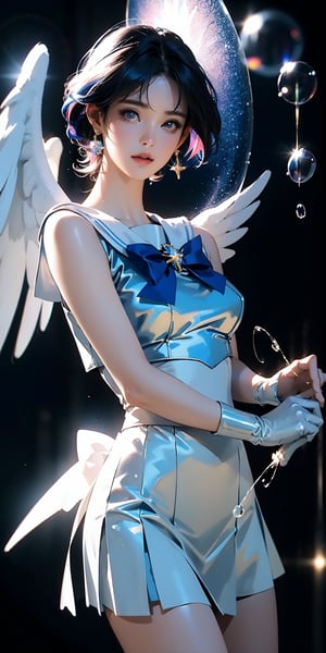 A stunning photo hyper realistic illustration of pretty Sailor Mercury from Sailor Moon anime as angel,
Shoot inside a studio filled with soap bubbles ,
adding a magical touch to the scene with the multicolored light reflected by the bubbles ,
hyper-realistic anime , visually striking , hiny/glossy , unique, surreal, minimalism ,
half-body portrait ,
volumetric light and shadow,
unconventional high-resolution,
high-quality, 8K resolution
textured ,
masterpiece ,