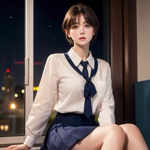 masterpiece, best quality, 1 girl, solo, ((an extremely delicate and beautiful)),school uniform, italian girl ,age 18, milky white skin,beautiful detailed eyes, short  hair,at night , beautiful starry sky, 