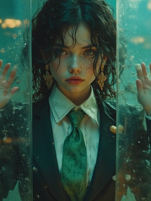 A young woman with a hauntingly beautiful expression stands against a misty glass window, her hands pressing against it as if yearning for freedom. She has long, slightly messy black hair that appears wet, cascading over her shoulders, and freckles dot her pale, expressive face. Her lips are full and slightly parted, giving her a melancholic and mysterious look. She wears a disheveled, vintage black suit with a white collared shirt underneath, adorned with a slightly wrinkled green tie. The tie and shirt show subtle gold accents, matching the golden, intricate lizard-shaped earrings that dangle from her ears. The lighting is moody and dim, creating an ethereal, cinematic atmosphere. Tiny water droplets or dirt flecks on the window and her attire add to the gritty, enigmatic feel of the scene. The color palette is dark and subdued, with cool greens, grays, and browns . Images must be of the highest quality with cinematic lighting and 16K resolution. Great attention to symmetry will be used to make the characters mysterious and alluring. Artwork must be a masterpiece that displays total perfection and amazing attention to detail, including macro details, voluminous light, realistic reflections on surfaces, and ultra-detailed textures. Utilize cinematic effects to enhance the overall visual impact. For best quality, images should be UHD and in sharp focus.
