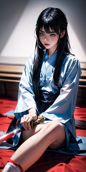 a young girl with long straight hair and bangs, wearing a Japanese school uniform, sitting on the ground while holding a samurai sword, with a serious and melancholic expression, deep blue eyes, surrounded by a calm yet powerful atmosphere, detailed clothing with red accents, realistic style, high resolution, dramatic lighting, intricate sword design with red ribbon"