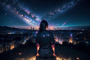  Rear view,space sky, milky way, anime style, Night view of the city from the mountainside,pastelbg,firefliesfireflies